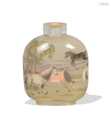 Chinese Inside-Painted Snuff Bottle with Horses by Ye