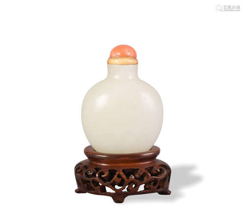 Chinese White Jade Snuff Bottle with Stand, 18th