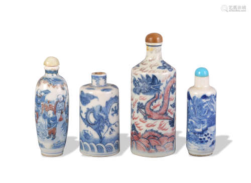 4 Chinese Blue and White Snuff Bottles, 19th Century