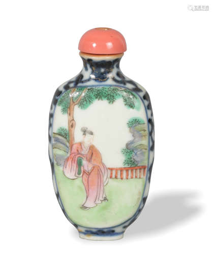 Chinese Enameled Blue and White Snuff Bottle, Early