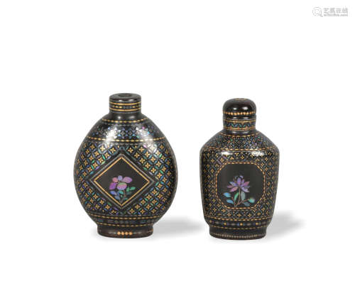 2 Chinese Lacquer with MOP Inlay Snuff Bottles, 19th