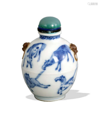 Chinese Blue and White Horses Snuff Bottle, 19th