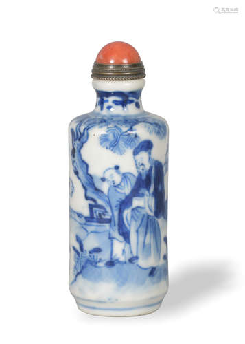 Chinese Blue and White Scholar Snuff Bottle, 19th