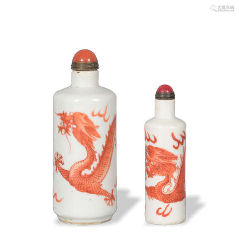 2 Chinese Iron Red Dragon Snuff Bottles, 19th Century