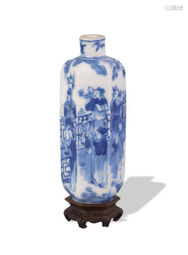 Chinese Blue and White Hexagonal Snuff Bottle, 19th