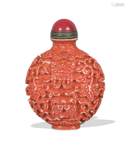 Chinese Coral Red Porcelain Snuff Bottle, Early 19th