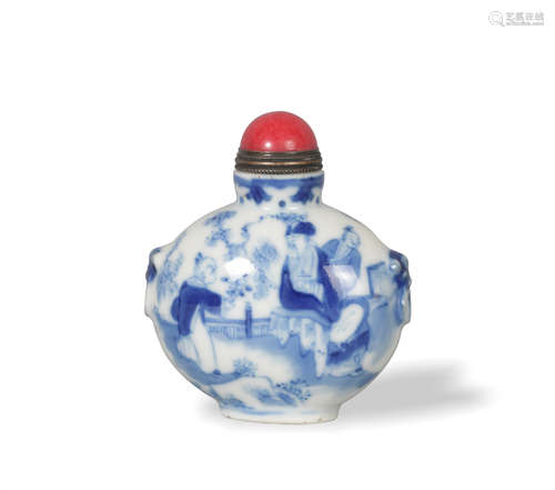 Chinese Blue and White Scholar Snuff Bottle, 19th