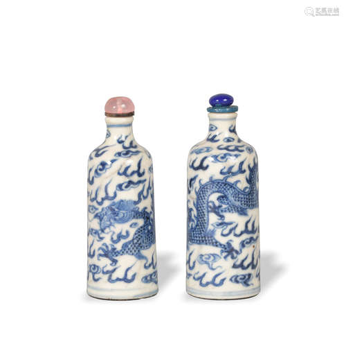 2 Chinese Blue and White Dragon Snuff Bottles, 19th