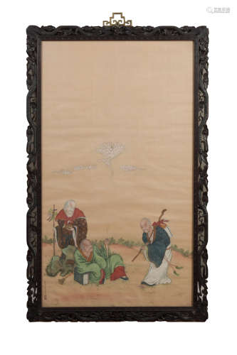 Chinese Painting with 3 Luohan, 19th Century or Earlier