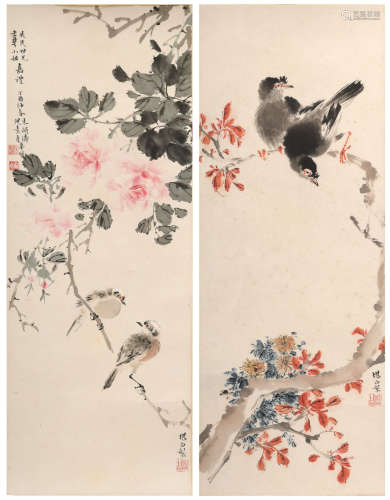 2 Chinese Paintings of Flowers and Birds by Wu Kanbai