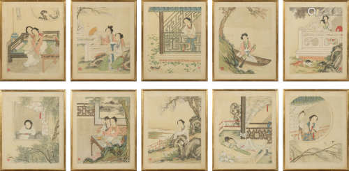 Set of 10 Chinese Album Leaf Paintings of Women