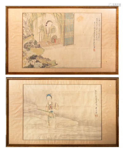 2 Chinese Paintings of Women by Lao Qing