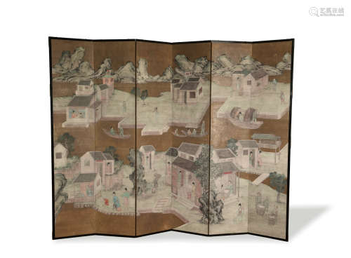 Chinese Painted 6-Panel Screen, Late 19th Century