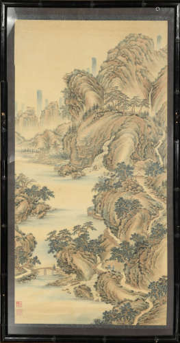 Framed Chinese Landscape Painting, 19th Century