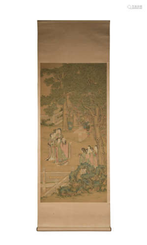 Unsigned Chinese Silk Painting of a Garden Scene