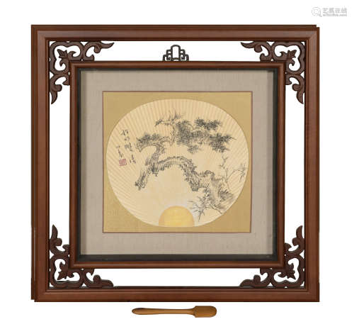 Chinese Round Fan Painting of Pine Tree by Pu Ru