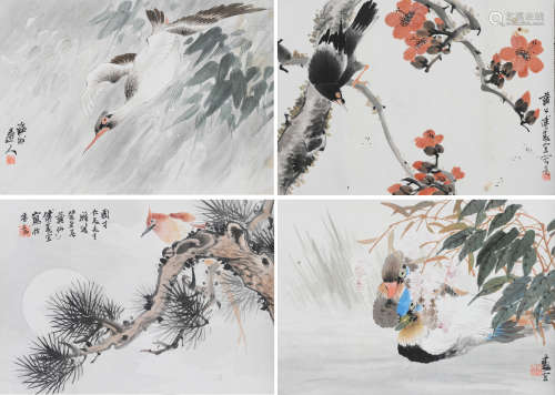 Set of 4 Chinese Bird and Flower Paintings by Fu Souyi