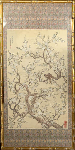 Chinese Painting of Sparrows and Blossoms, Qu Zhaoling
