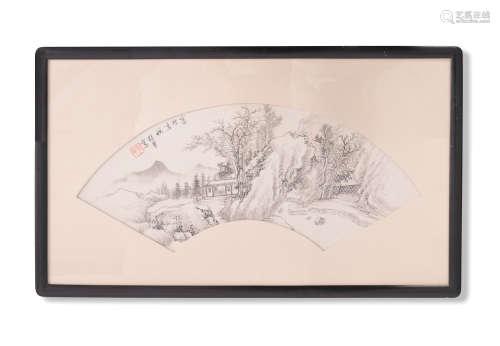 Framed Chinese Fan Painting by Zhang Xiong