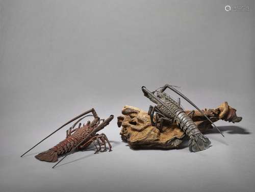 A SET OF SILVER AND COPPER ARTICULATED SCULPTURES OF LOBSTER...