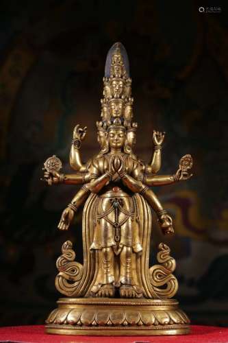 清銅鎏金嵌寶八臂十一面觀音立像