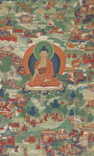 A PAINTING OF BUDDHA SHAKYAMUNI WITH JATAKA TALES
