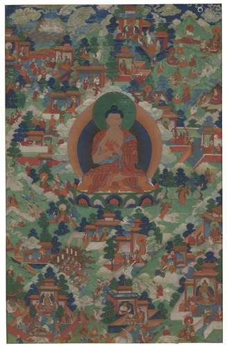 A PAINTING OF BUDDHA SHAKYAMUNI WITH JATAKA TALES