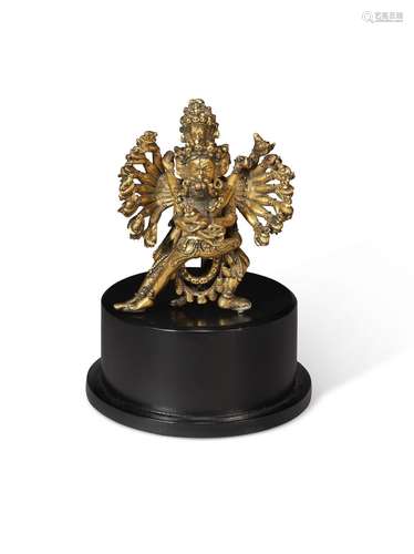 A SMALL AND RARE GILT BRONZE FIGURE OF KAPALADHARA HEVAJRA