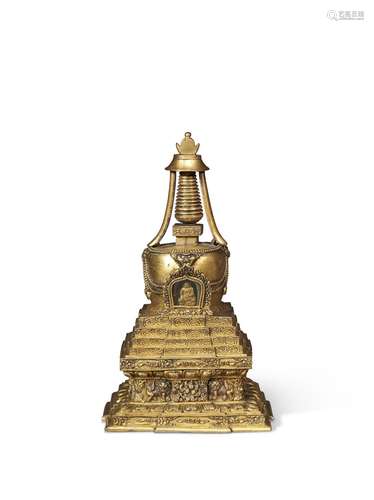 A RARE GILT-BRONZE STUPA