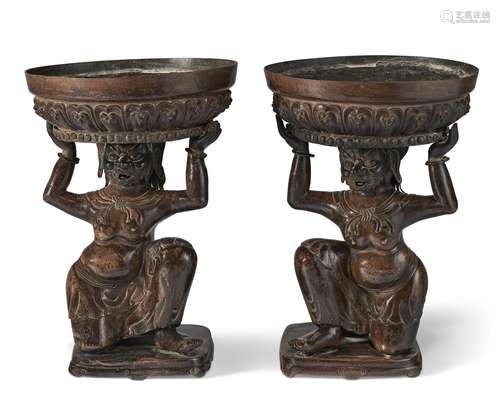 A PAIR OF BRONZE FOREIGNER-FORM FIGURAL DISH STANDS