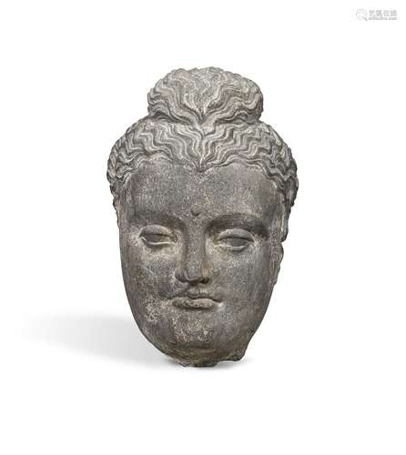 A GRAY SCHIST HEAD OF BUDDHA SHAKYAMUNI