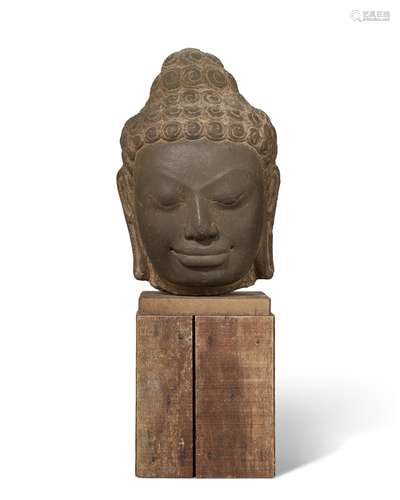 A RARE STONE HEAD OF BUDDHA