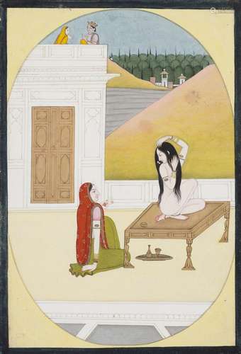 A PAINTING OF RADHA AT HER TOILETTE