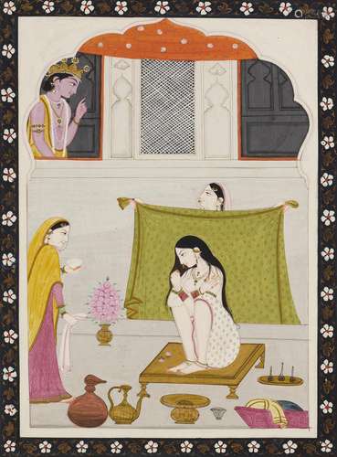 A PAINTING OF KRISHNA SPYING ON THE BATHING RADHA