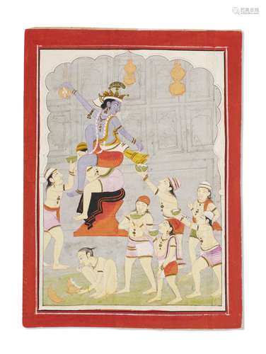 A PAINTING OF KRISHNA STEALING BUTTERMILK FROM THE RAFTERS