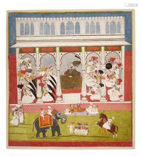 A LARGE PAINTING OF THAKUR DURJAN SINGH WITH COURTIERS