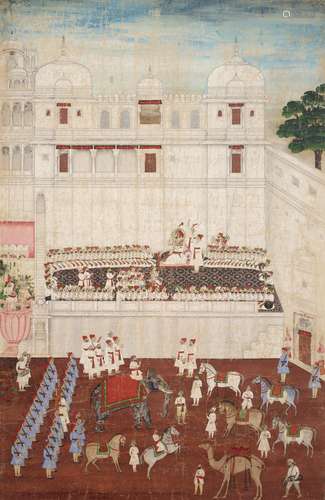 A LARGE CLOTH PAINTING OF A MAHARANA'S COURT