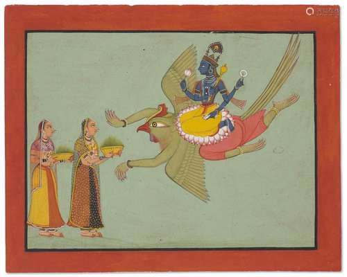 A PAINTING OF VISHNU ON HIS VEHICLE GARUDA