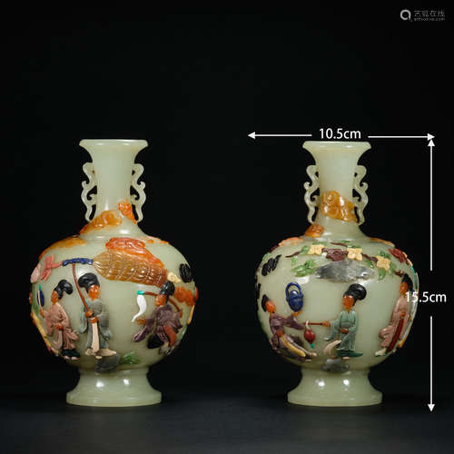 And Tian Yu Seven Fairy Vase a pair   和田玉七仙女花瓶一对