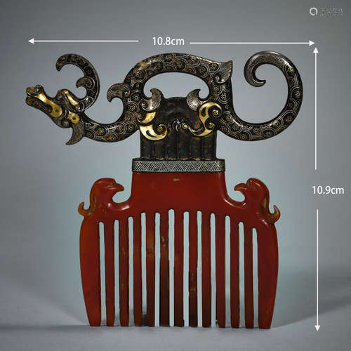 Tso gold and silver dragon handle agate comb   措金银龙柄玛瑙...