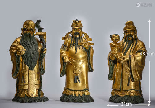 Gilt three-star Fulu Shou statue   鎏金三星福禄寿像