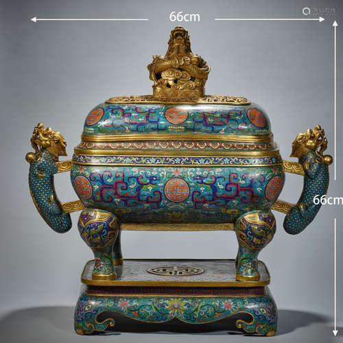 Enamel color double dragon ear large incense burner   珐琅彩...