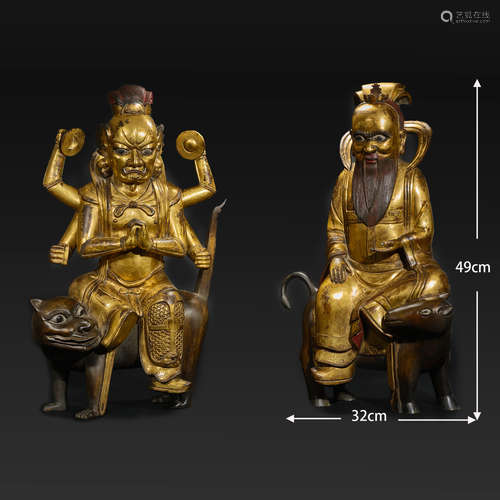 Gilded riding beast Taoist seated statue pair   鎏金骑兽道教...