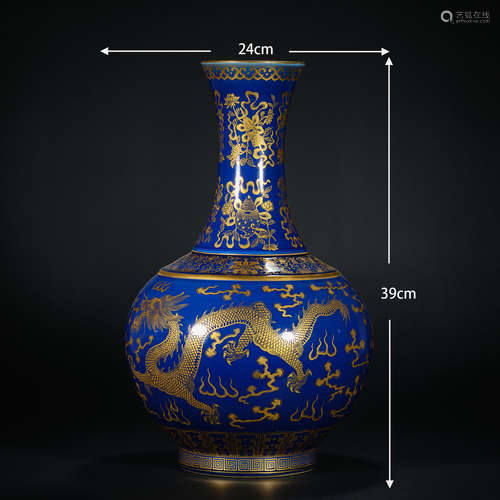 Guangxu blue glazed dragon phoenix bottle  光绪蓝釉龙凤瓶