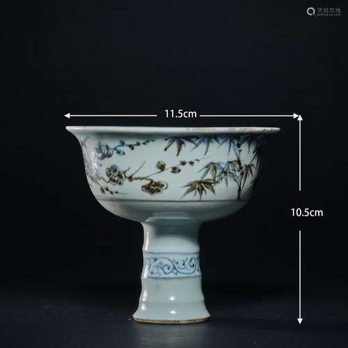 Pine plum bamboo figure tall porcelain cup   松梅竹人物高脚瓷...