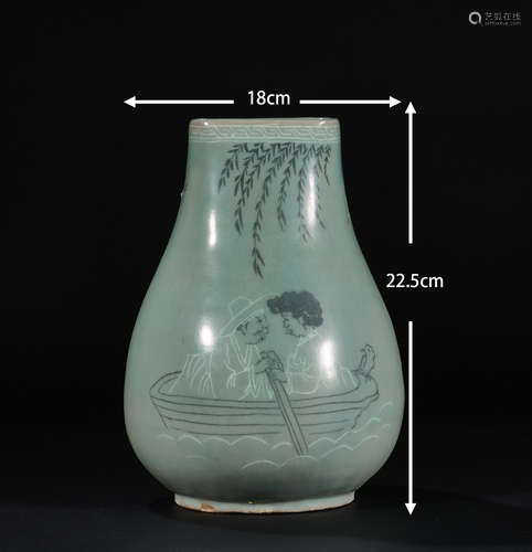 Goryeo celadon bottle figure rowing  高丽青瓷樽人物划船