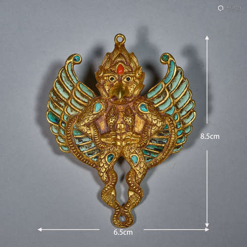 Silver gilt inlaid turquoise Garoula   银鎏金镶绿松石迦楼罗