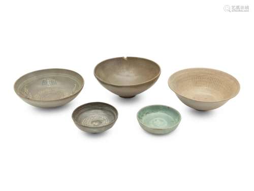 Five Korean Celadon Porcelain Bowls Diameter of largest 7 3/...