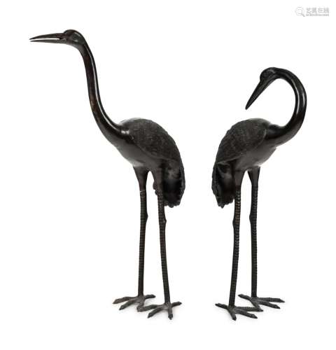 A Large Japanese Bronze Group of Two Cranes Height of taller...