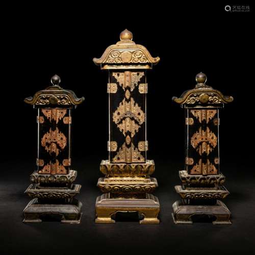 Three Japanese Gilt and Black Lacquer Shrines Height of tall...